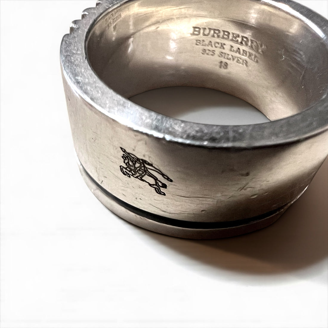BURBERRY BLACK LABEL Silver Ring, Size 18, 925 Silver, Horse Logo Engraved