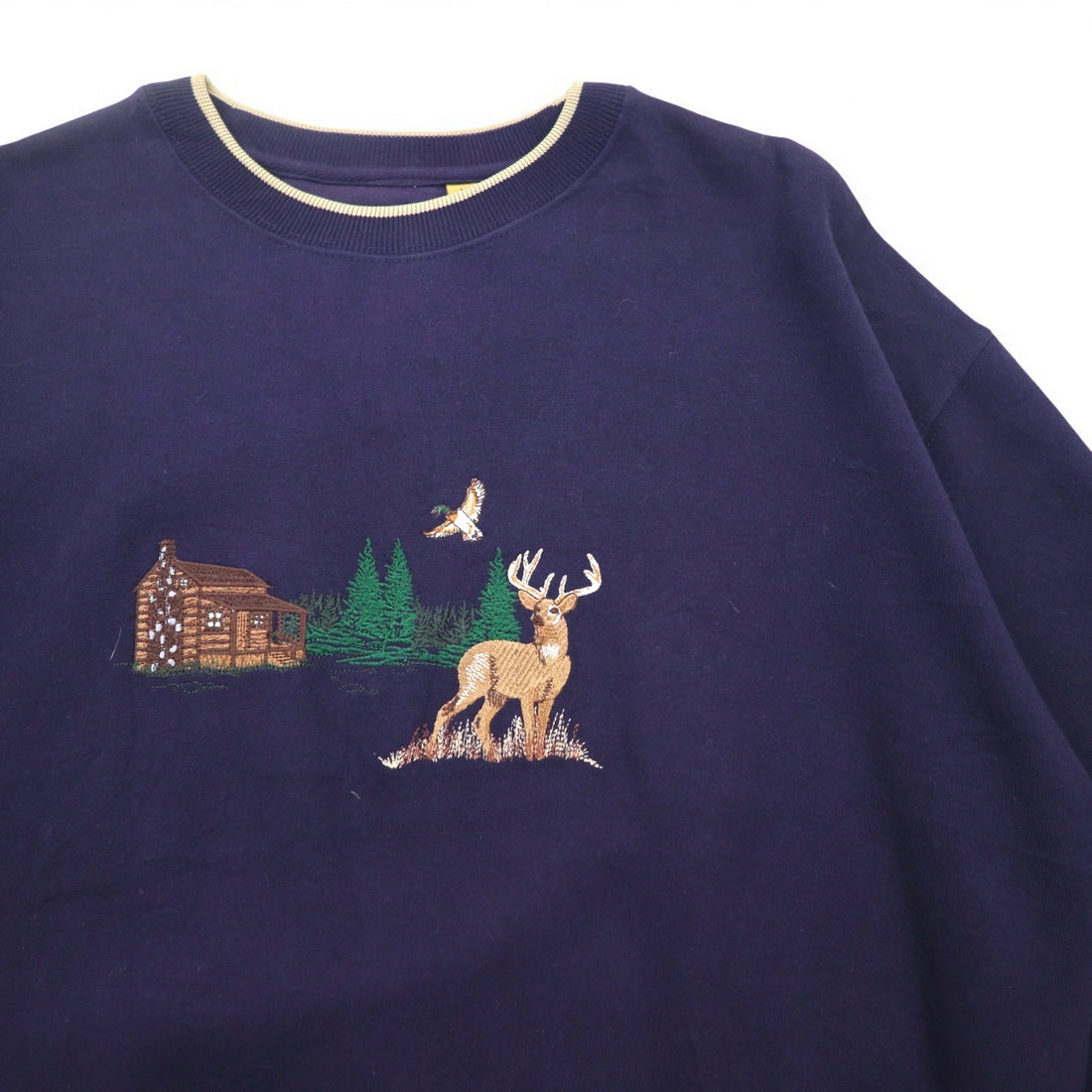 90s FIELD TASTED by OUTDOOR LIFE Sweatshirt XL Navy Cotton Fleece Lining Embroidery Animal Paki Cotton