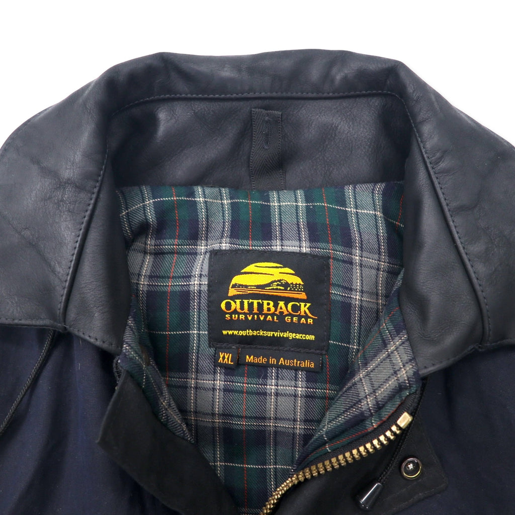 OUTBACK Australian made oiled jacket, XXL, navy, cotton, leather trim, check lining, detachable hood, drawcord