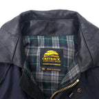 OUTBACK Australian made oiled jacket, XXL, navy, cotton, leather trim, check lining, detachable hood, drawcord