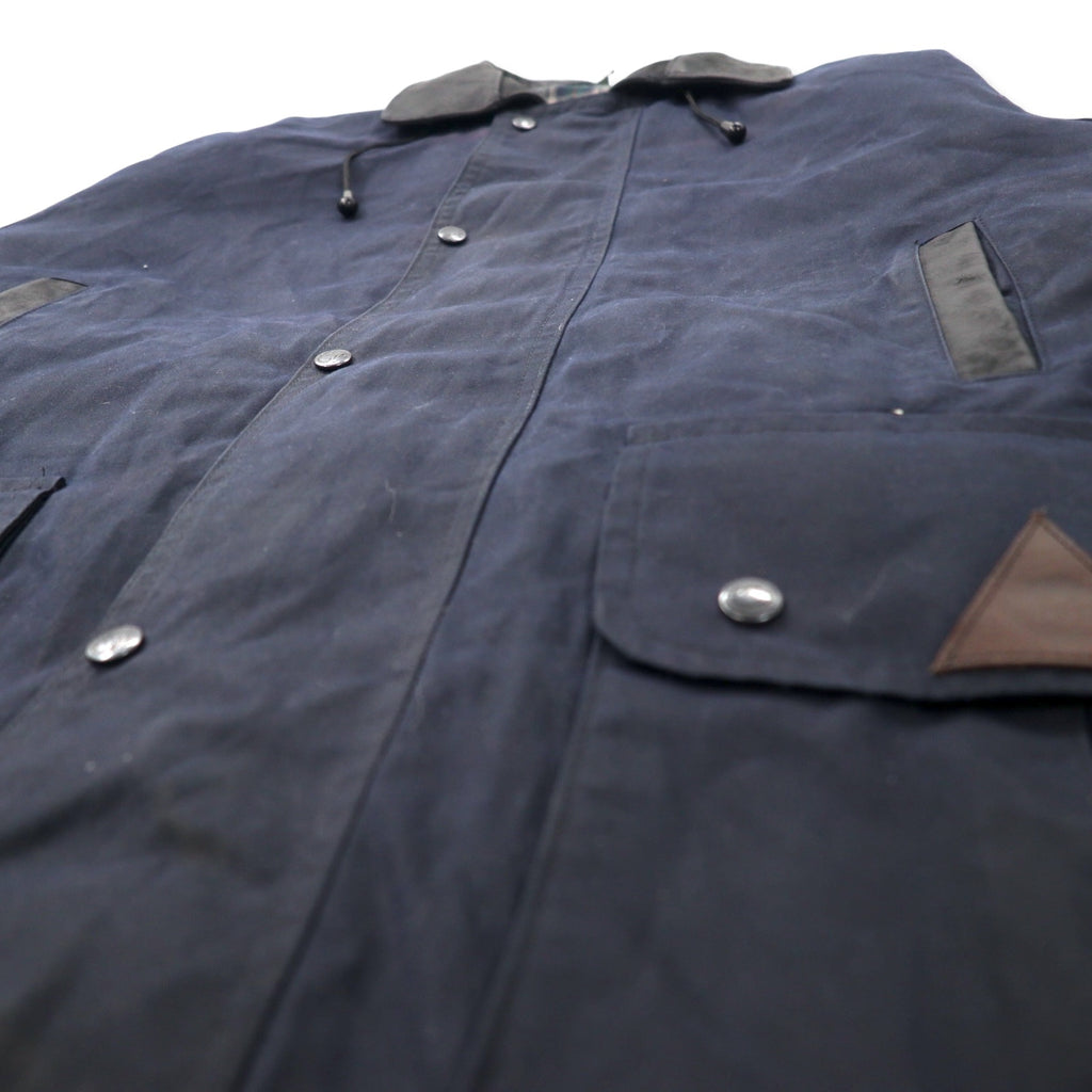 OUTBACK Australian made oiled jacket, XXL, navy, cotton, leather trim, check lining, detachable hood, drawcord