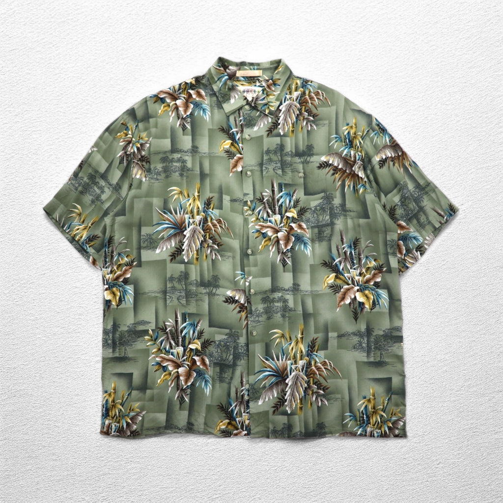 CAMPIA MODA Aloha Shirt, XL, Khaki, Rayon, All-Over Print, Botanical, Chest Pocket