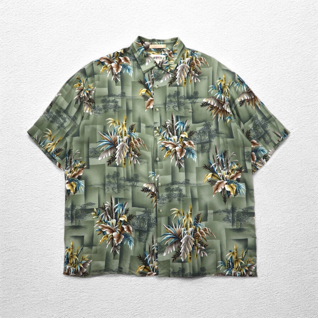 CAMPIA MODA Aloha Shirt, XL, Khaki, Rayon, All-Over Print, Botanical, Chest Pocket