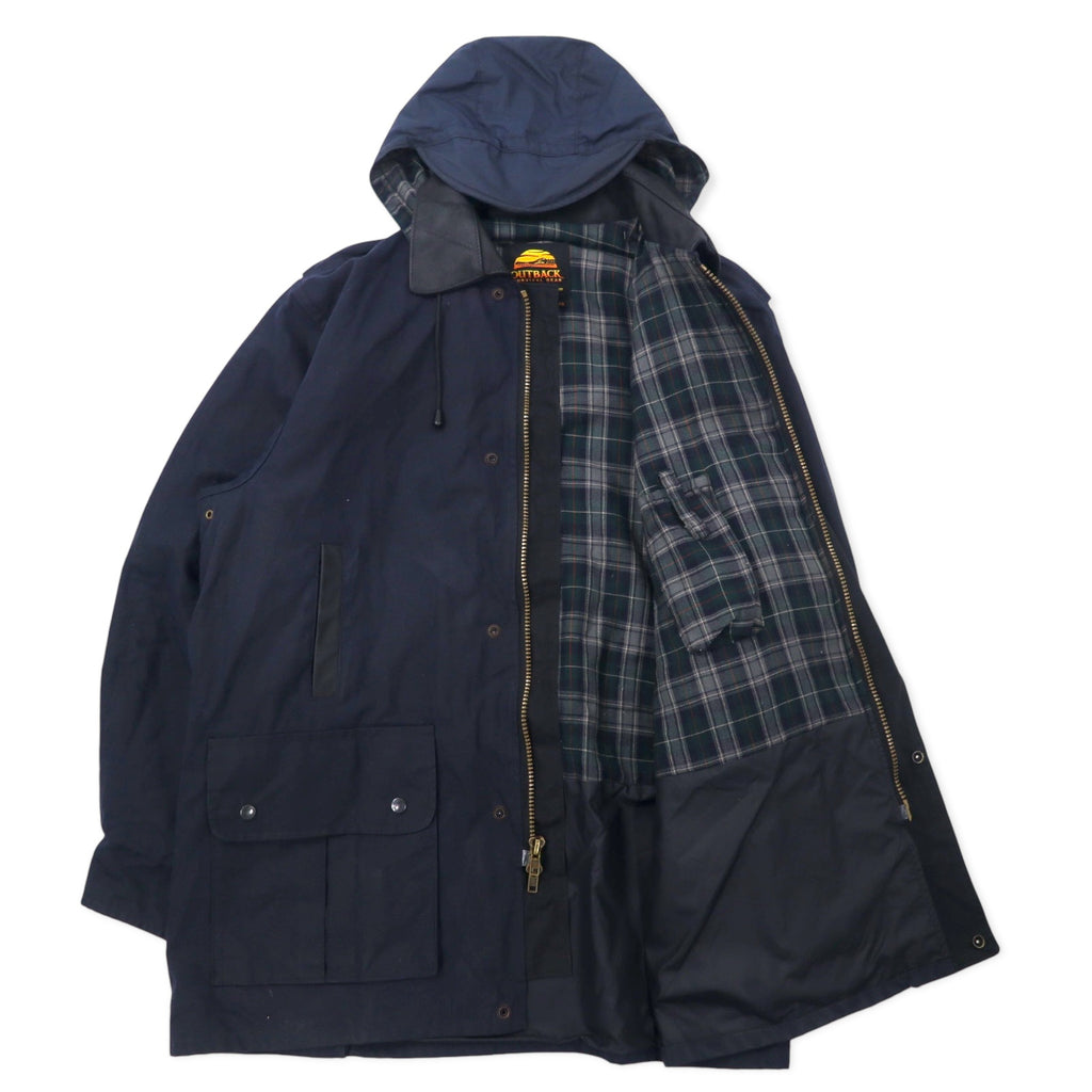 OUTBACK Australian made oiled jacket, XXL, navy, cotton, leather trim, check lining, detachable hood, drawcord