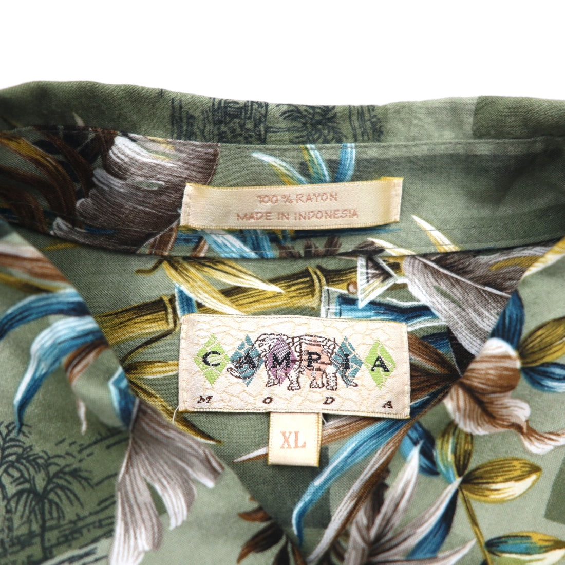 CAMPIA MODA Aloha Shirt, XL, Khaki, Rayon, All-Over Print, Botanical, Chest Pocket