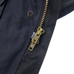 OUTBACK Australian made oiled jacket, XXL, navy, cotton, leather trim, check lining, detachable hood, drawcord