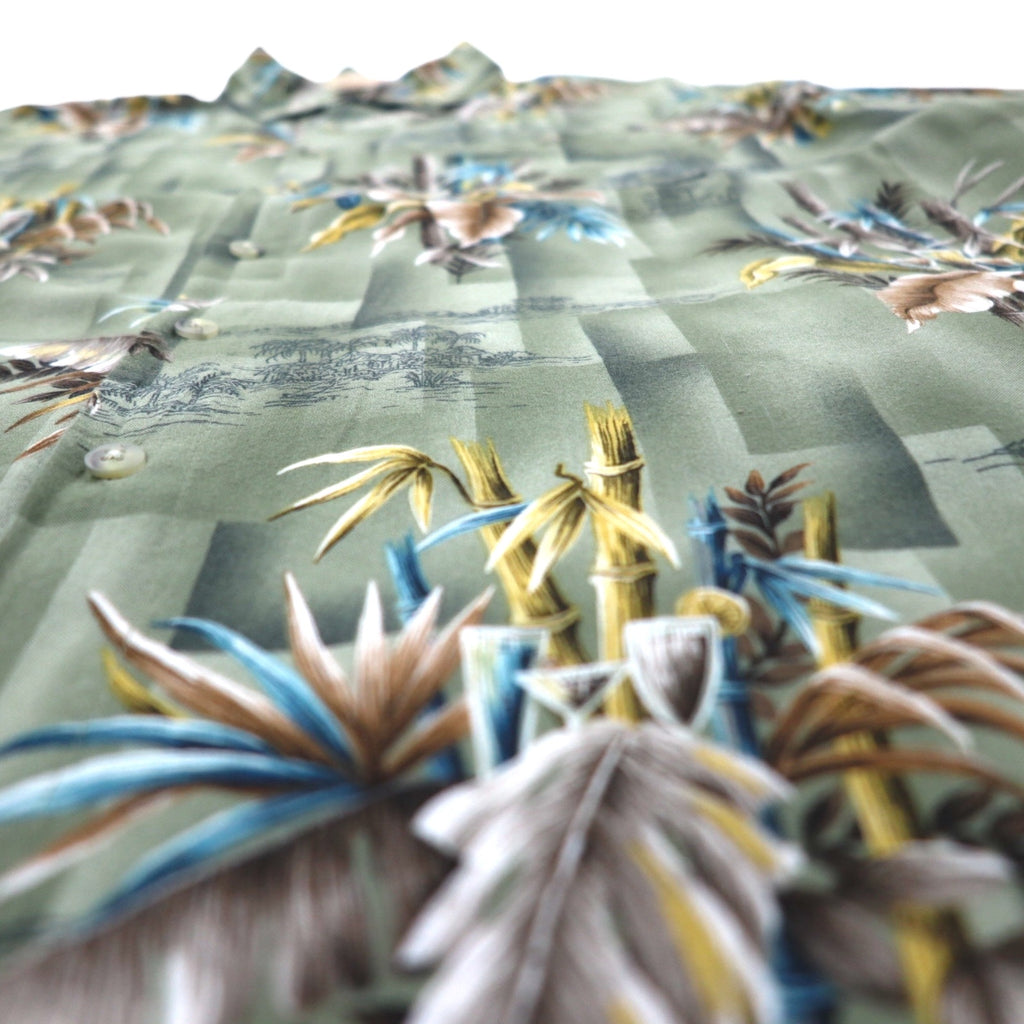 CAMPIA MODA Aloha Shirt, XL, Khaki, Rayon, All-Over Print, Botanical, Chest Pocket