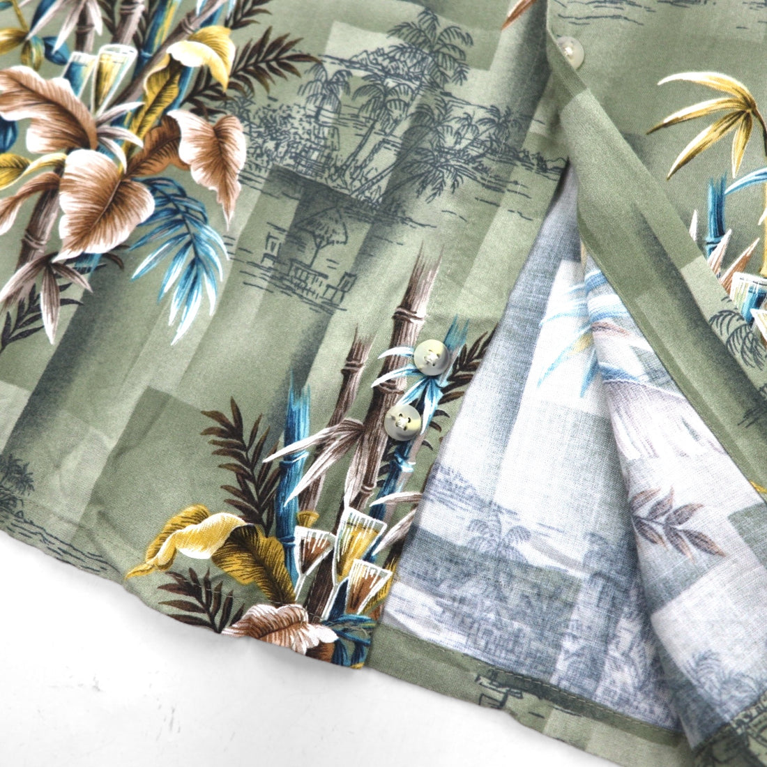 CAMPIA MODA Aloha Shirt, XL, Khaki, Rayon, All-Over Print, Botanical, Chest Pocket