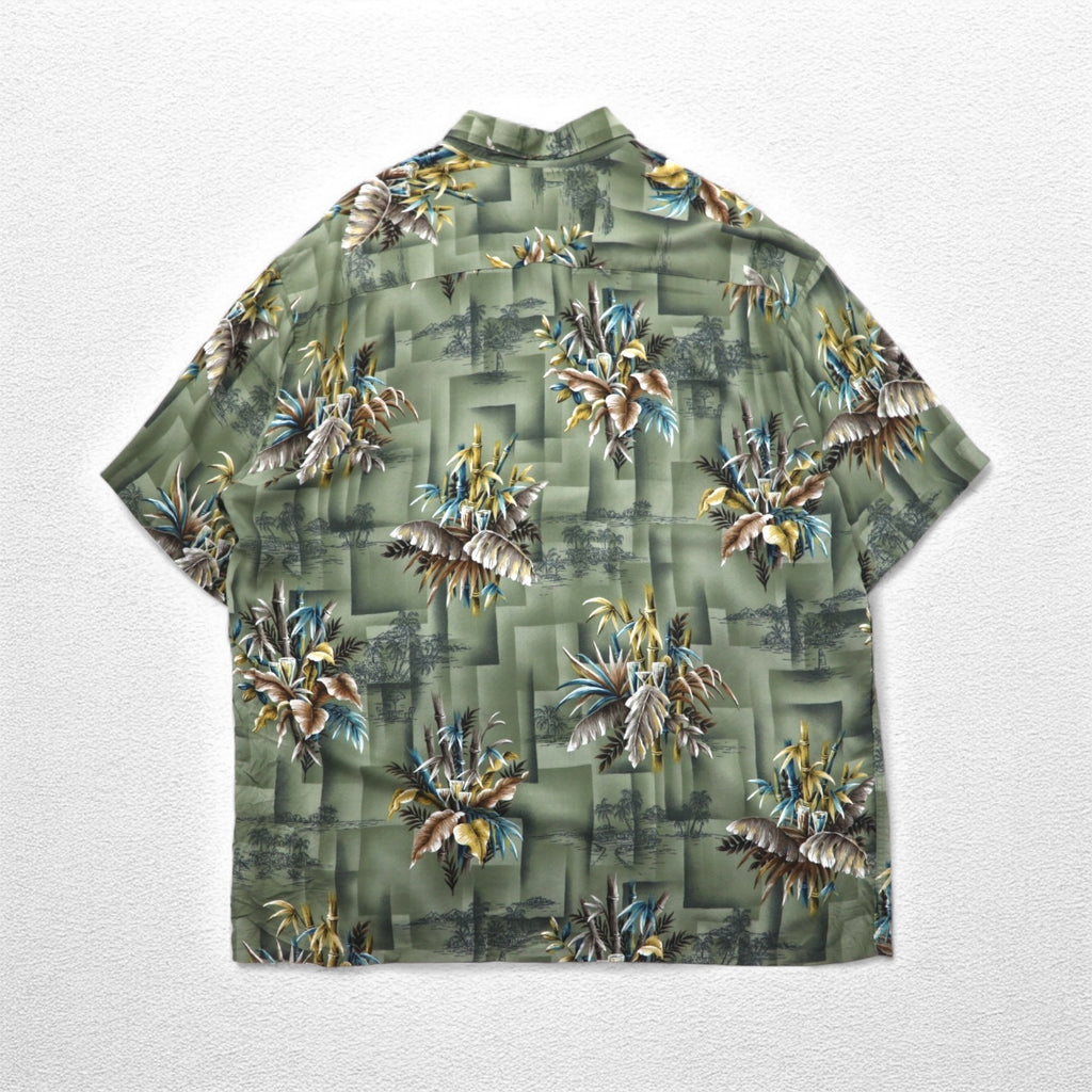 CAMPIA MODA Aloha Shirt, XL, Khaki, Rayon, All-Over Print, Botanical, Chest Pocket