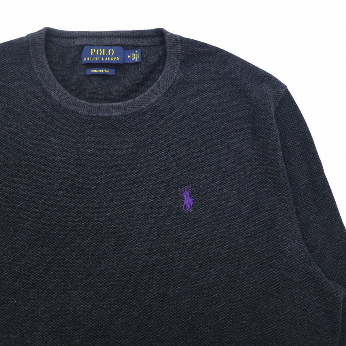 POLO RALPH LAUREN Crew Neck Pima Cotton Knit Sweater, Medium, Gray, Small Pony Embroidery