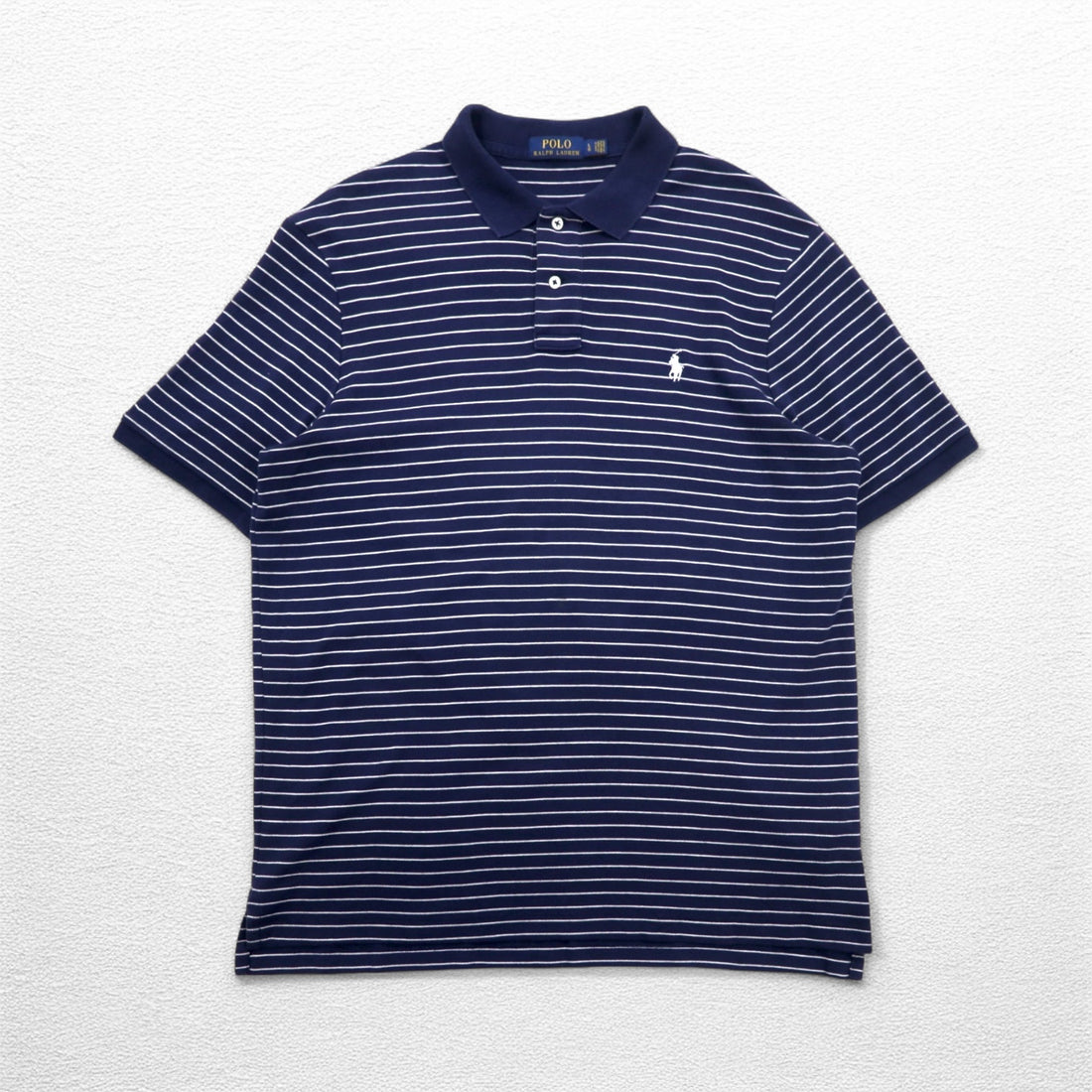 POLO RALPH LAUREN Striped Polo Shirt L Navy Cotton Small Pony Embroidery Made in Sri Lanka