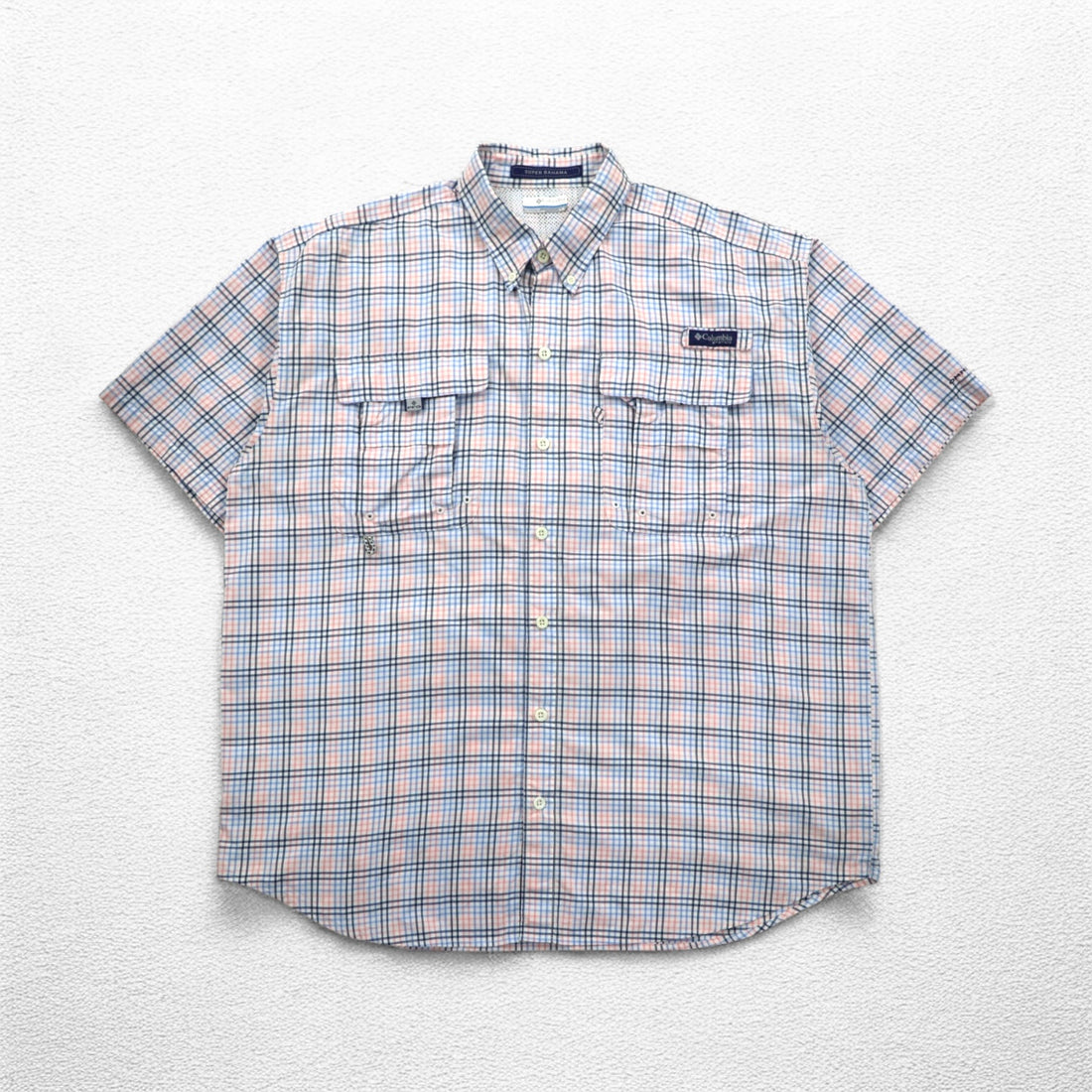 Columbia PFG Super Bahama UV Protection Omni-Shade Bahama Fishing Shirt L White Blue Check Nylon FM7190
