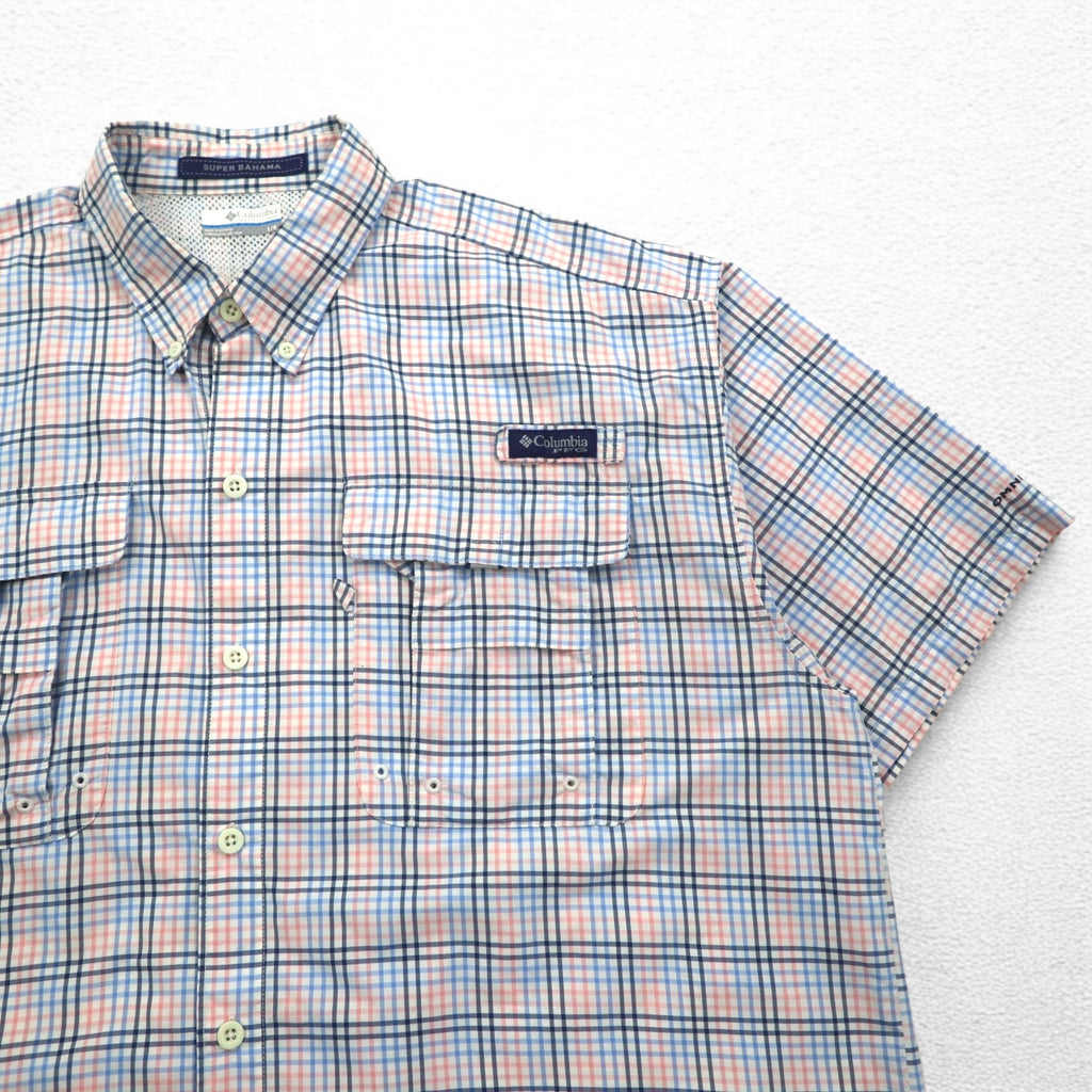 Columbia PFG Super Bahama UV Protection Omni-Shade Bahama Fishing Shirt L White Blue Check Nylon FM7190