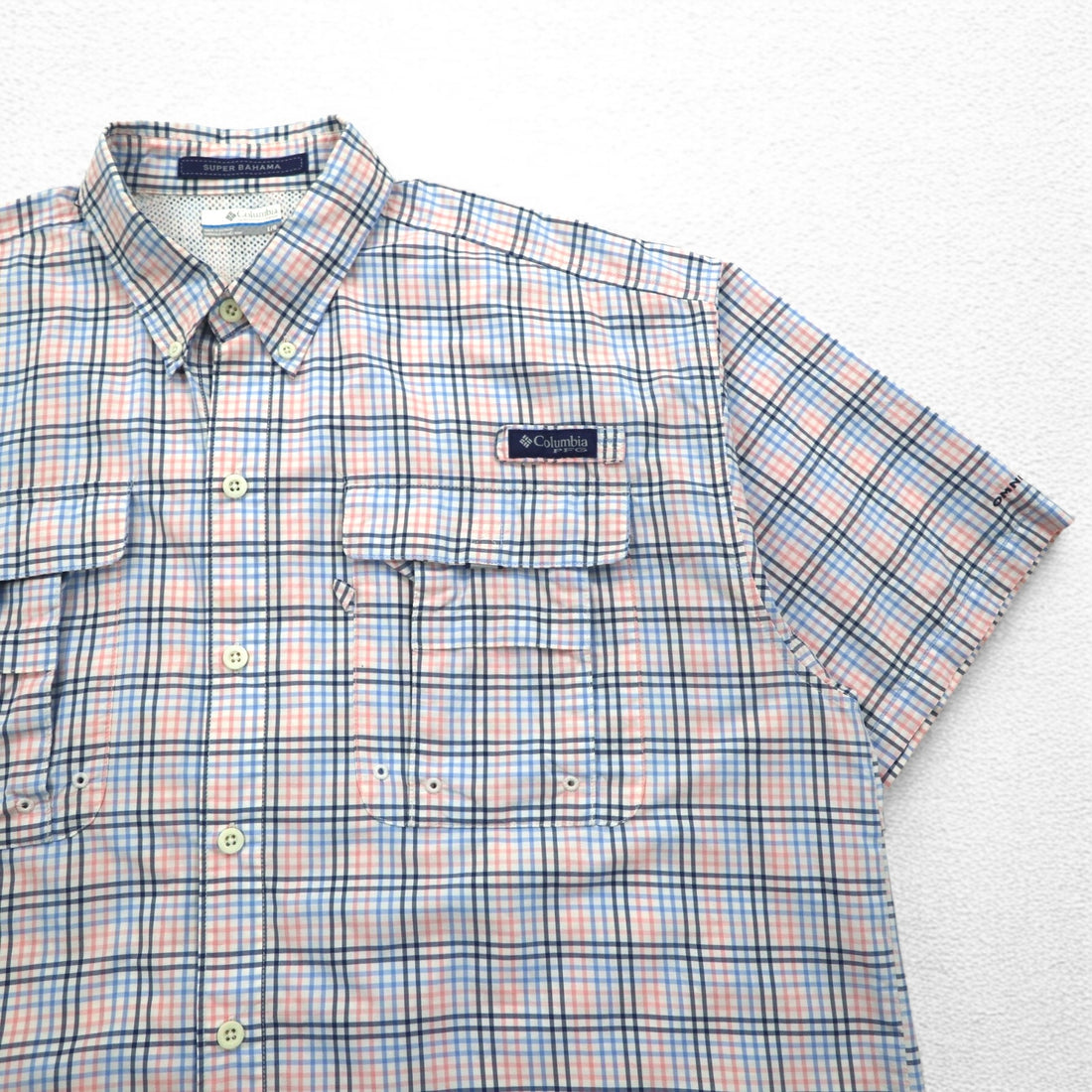 Columbia PFG Super Bahama UV Protection Omni-Shade Bahama Fishing Shirt L White Blue Check Nylon FM7190