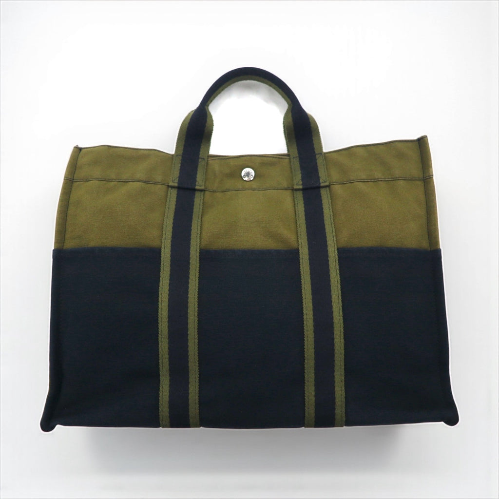 HERMES Foul Tou MM Tote Bag, Khaki Canvas, Two-Tone, Made in France