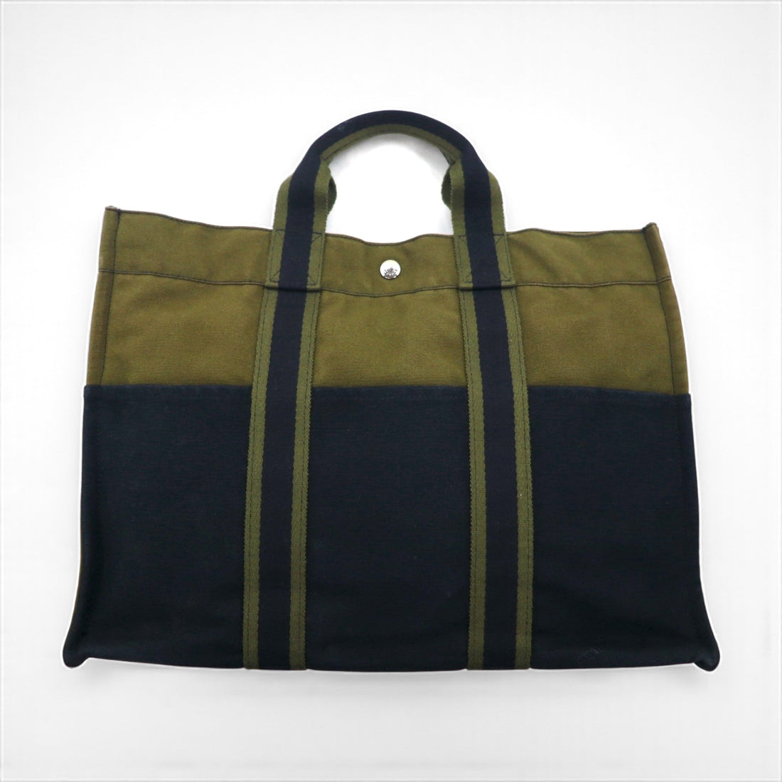 HERMES Foul Tou MM Tote Bag, Khaki Canvas, Two-Tone, Made in France