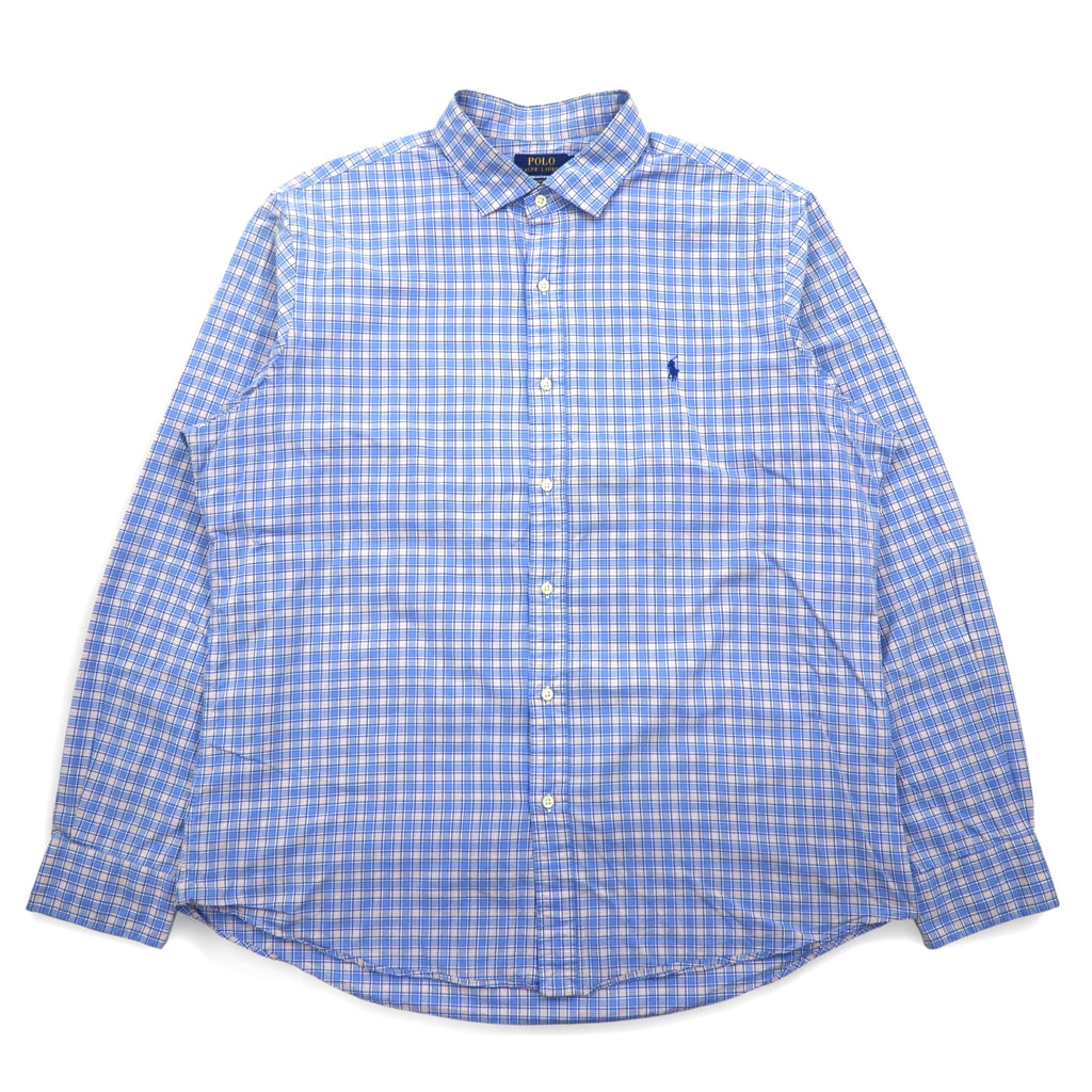 POLO RALPH LAUREN Big Size Wide Collar Dress Shirt XXL Blue Check Cotton Stretch Small Pony