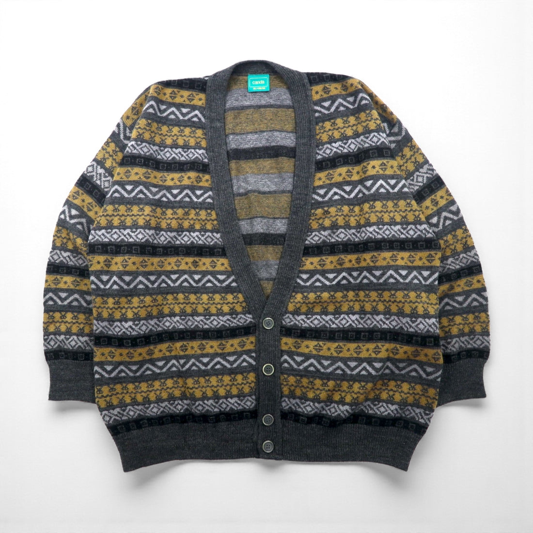Vintage Jacquard Cardigan Canda Wool Knit XL Multicolor Allover Pattern