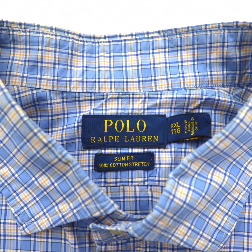 POLO RALPH LAUREN Big Size Wide Collar Dress Shirt XXL Blue Check Cotton Stretch Small Pony