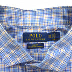POLO RALPH LAUREN Big Size Wide Collar Dress Shirt XXL Blue Check Cotton Stretch Small Pony