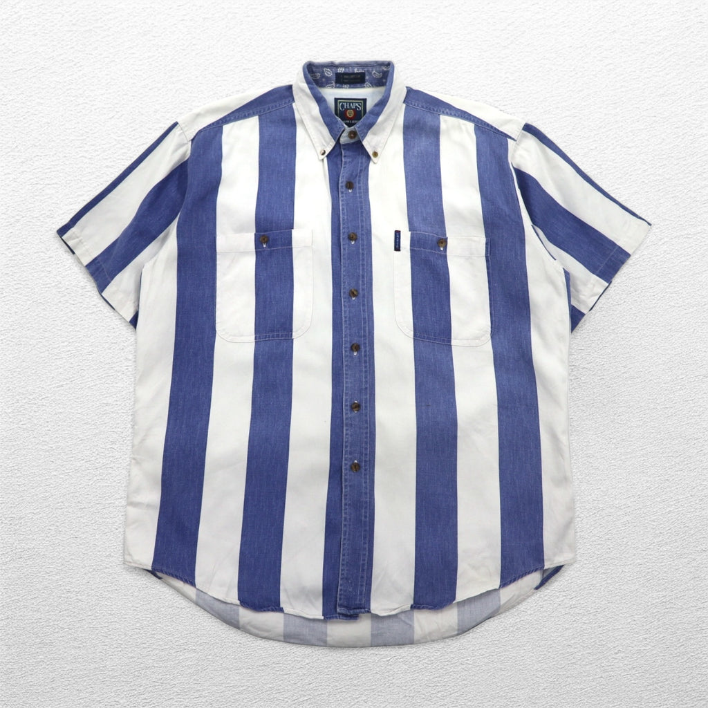 CHAPS RALPH LAUREN 90s Short Sleeve Denim Button Down Shirt L Blue White Striped Cotton