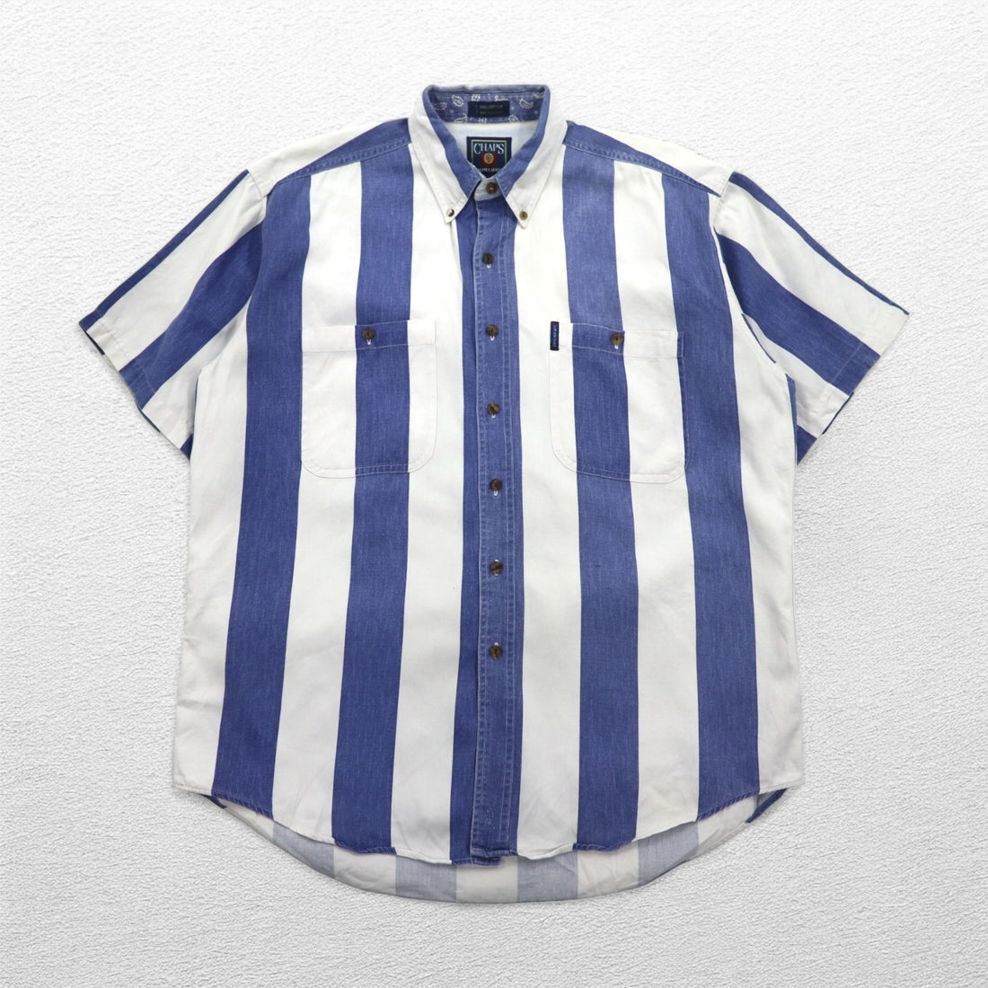 CHAPS RALPH LAUREN 90s Short Sleeve Denim Button Down Shirt L Blue White Striped Cotton
