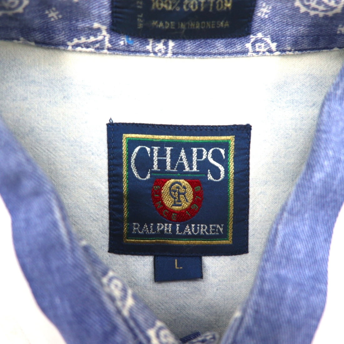 CHAPS RALPH LAUREN 90s Short Sleeve Denim Button Down Shirt L Blue White Striped Cotton