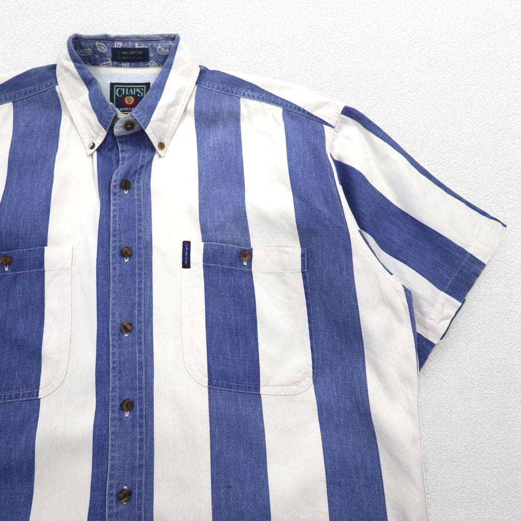 CHAPS RALPH LAUREN 90s Short Sleeve Denim Button Down Shirt L Blue White Striped Cotton