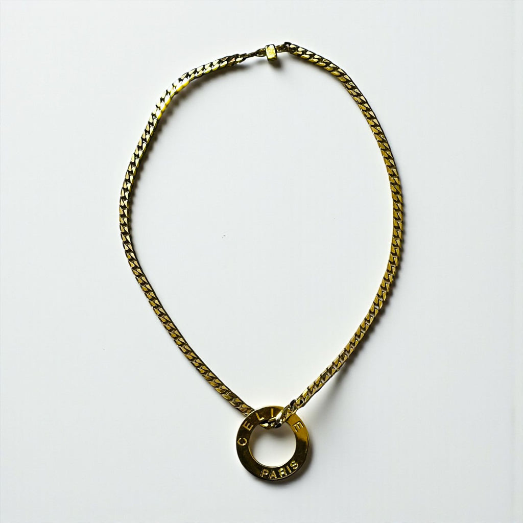 CELINE 90s Italian Vintage Curb Chain Necklace with Gold Circle Logo and Ring Plate, Made in 1992