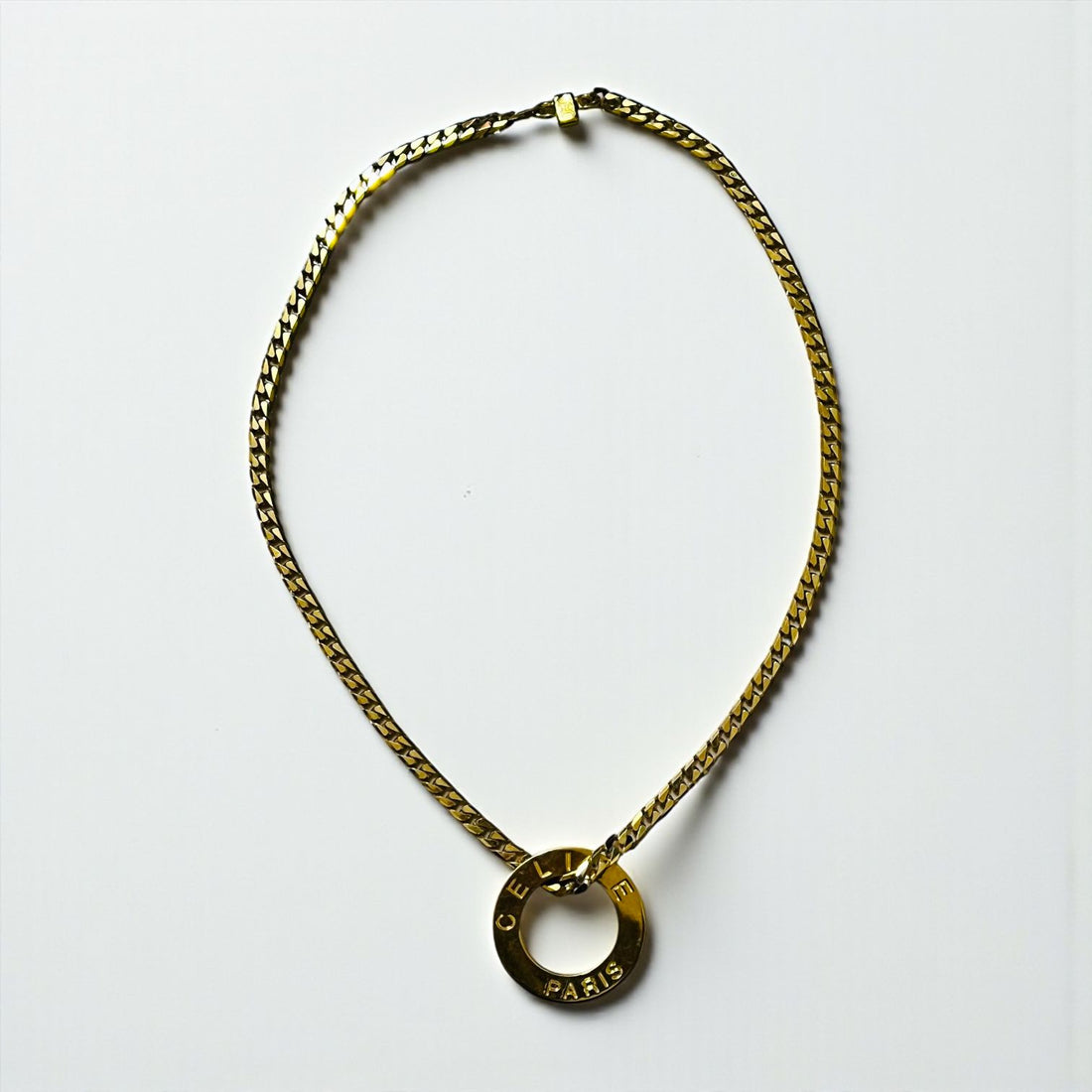 CELINE 90s Italian Vintage Curb Chain Necklace with Gold Circle Logo and Ring Plate, Made in 1992