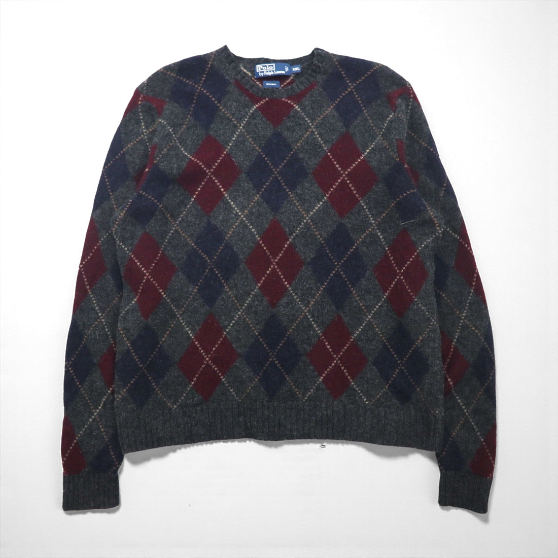 Polo Ralph Lauren 90s Argyle Knit Sweater, 2XL, Gray Wool, Crew Neck