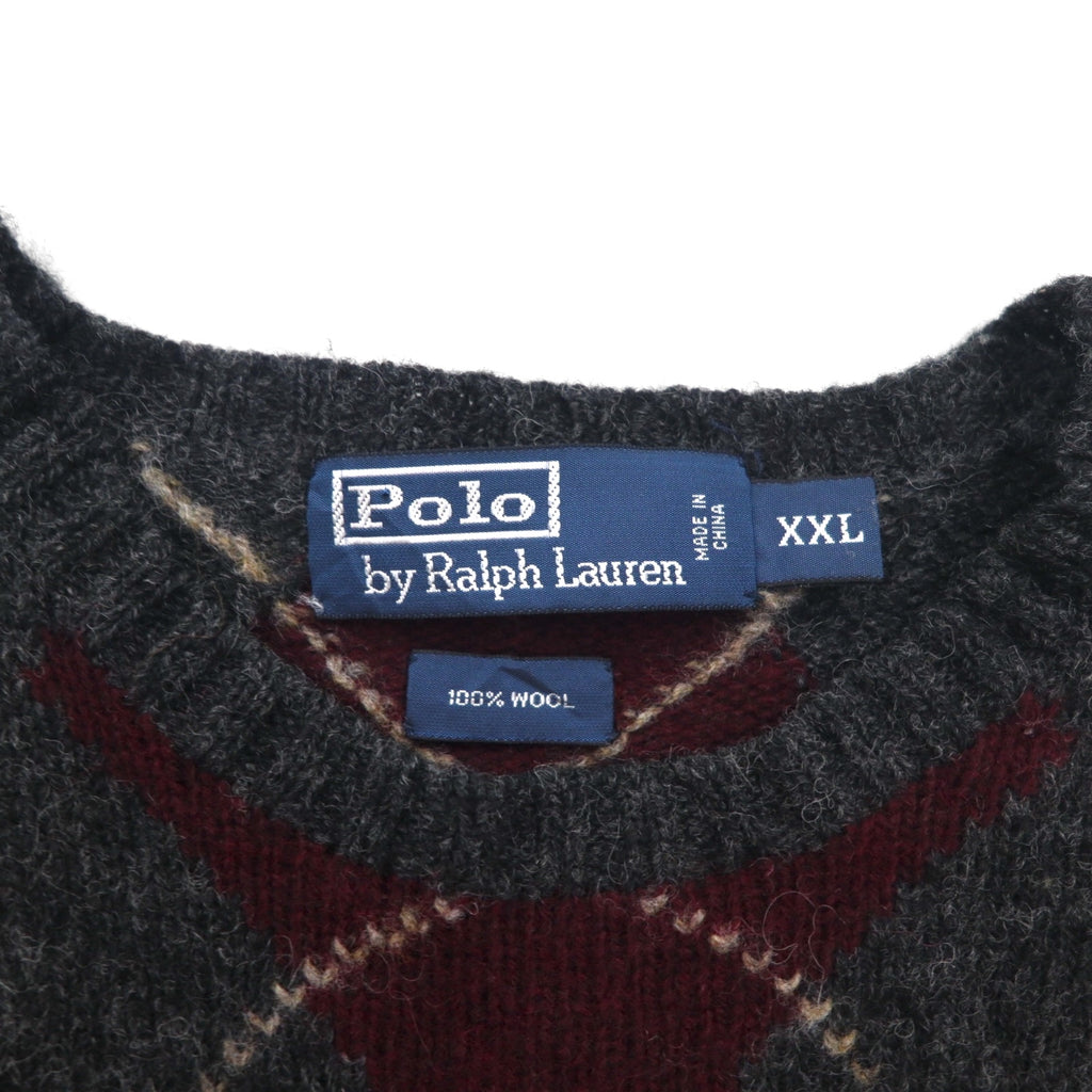 Polo Ralph Lauren 90s Argyle Knit Sweater, 2XL, Gray Wool, Crew Neck