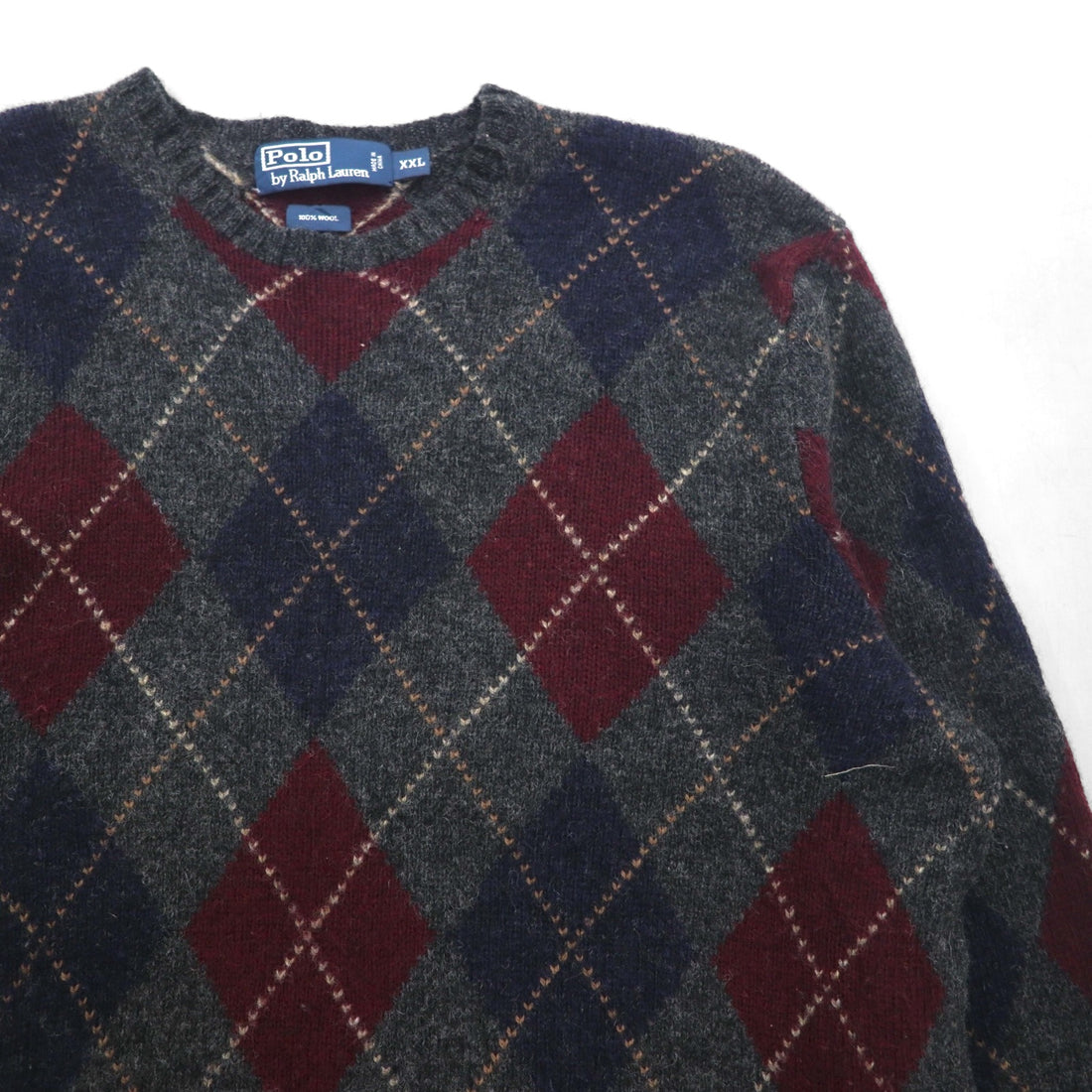 Polo Ralph Lauren 90s Argyle Knit Sweater, 2XL, Gray Wool, Crew Neck