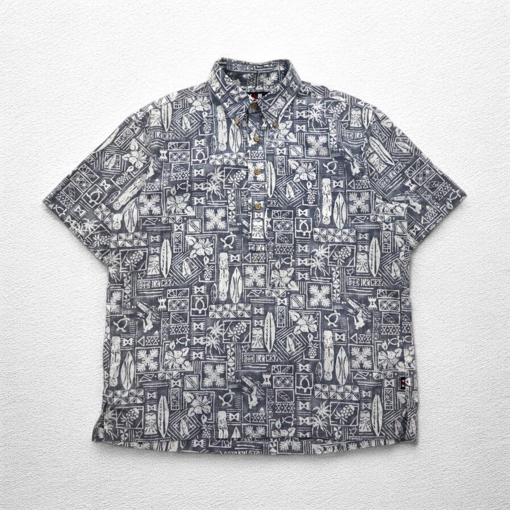 VAN -JAC- Pullover Button-down Aloha Shirt L Grey Cotton Polyester All-over Pattern Made in Japan