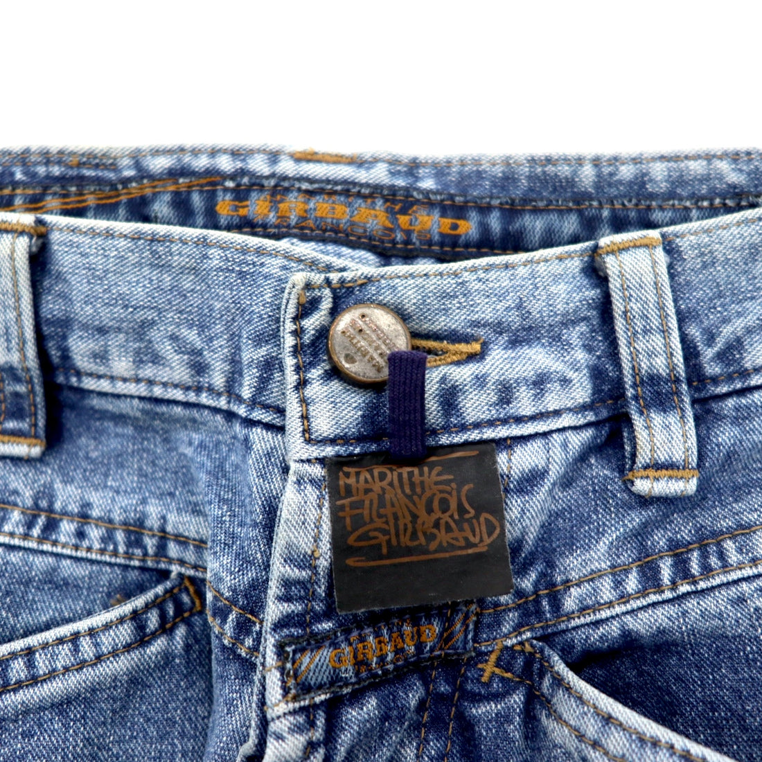 MARITHE FRANCOIS GIRBAUD Baggy Tapered Denim Pants S Blue Ice Wash Cotton Button Fly Made in Japan