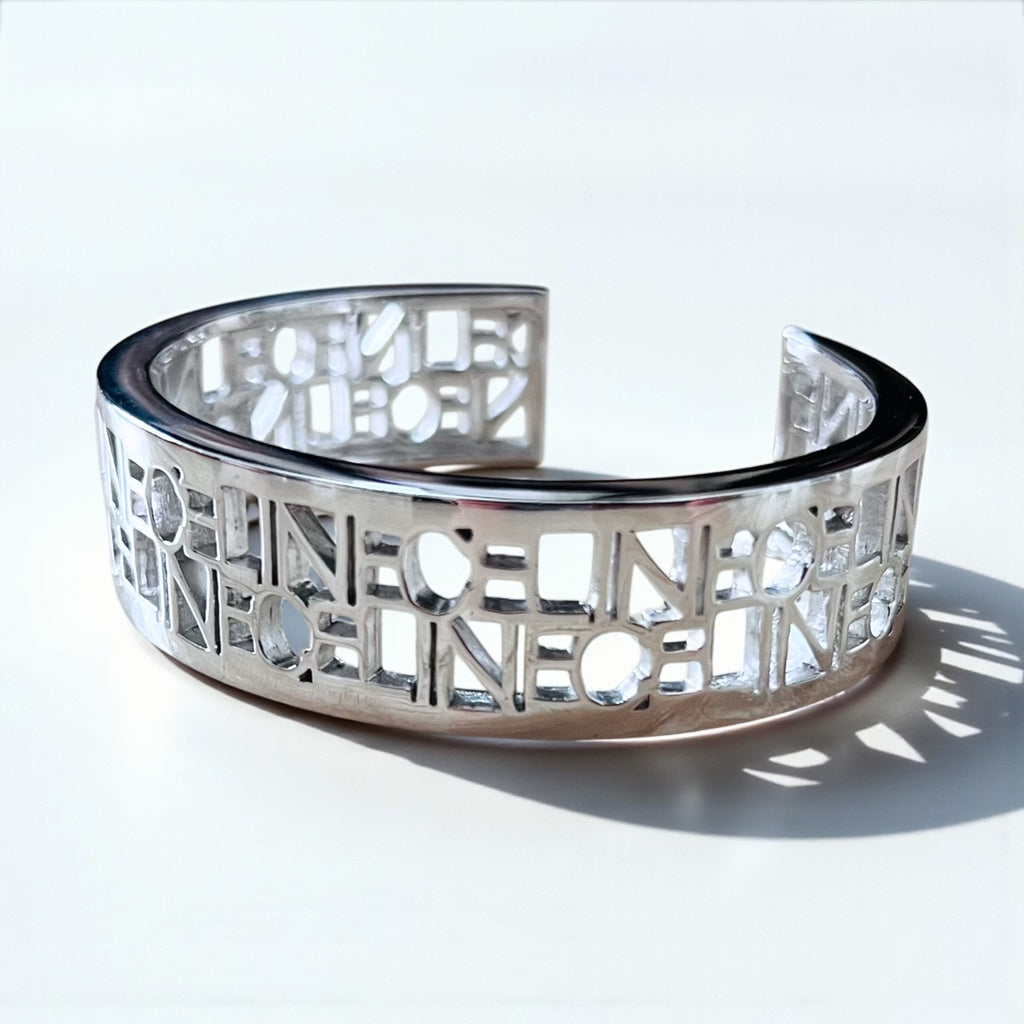 CELINE Bangle Cuff Bracelet Silver Metal Cutout Logo Openwork