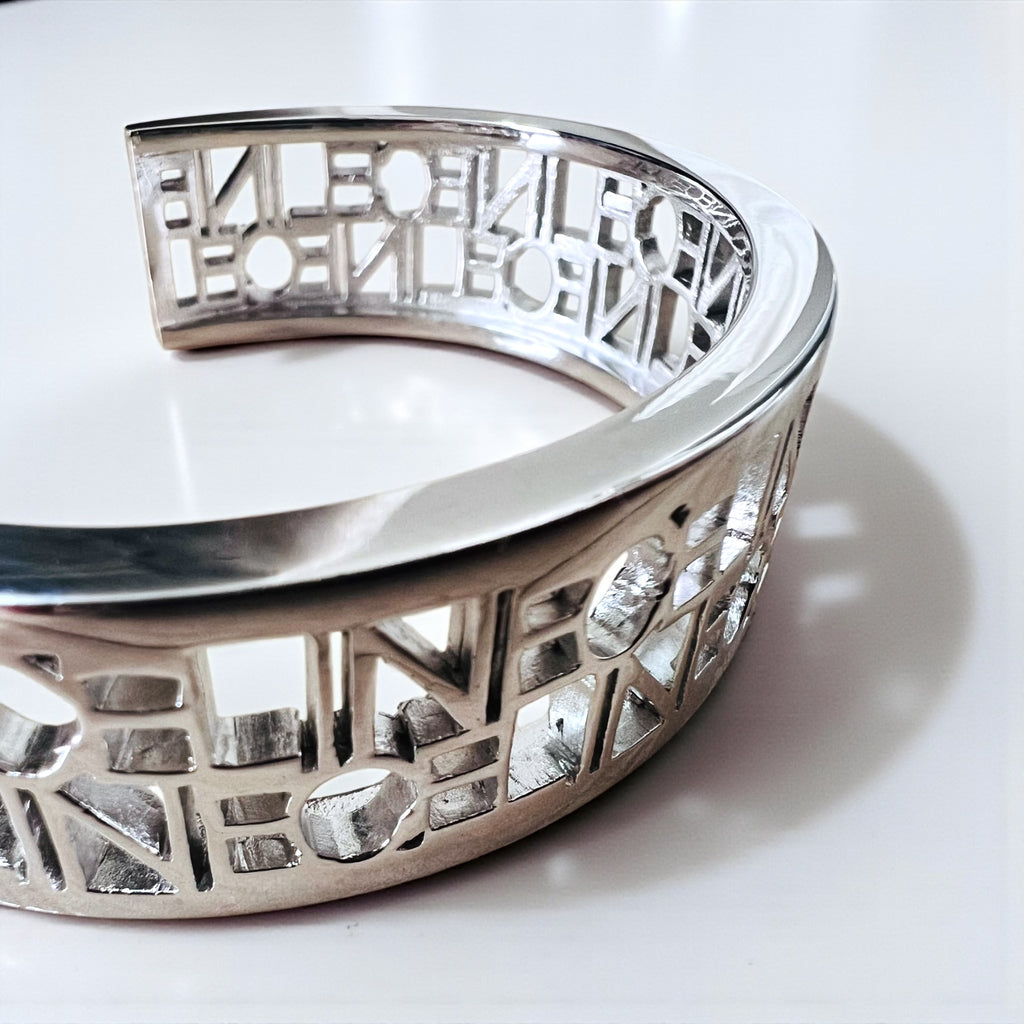 CELINE Bangle Cuff Bracelet Silver Metal Cutout Logo Openwork