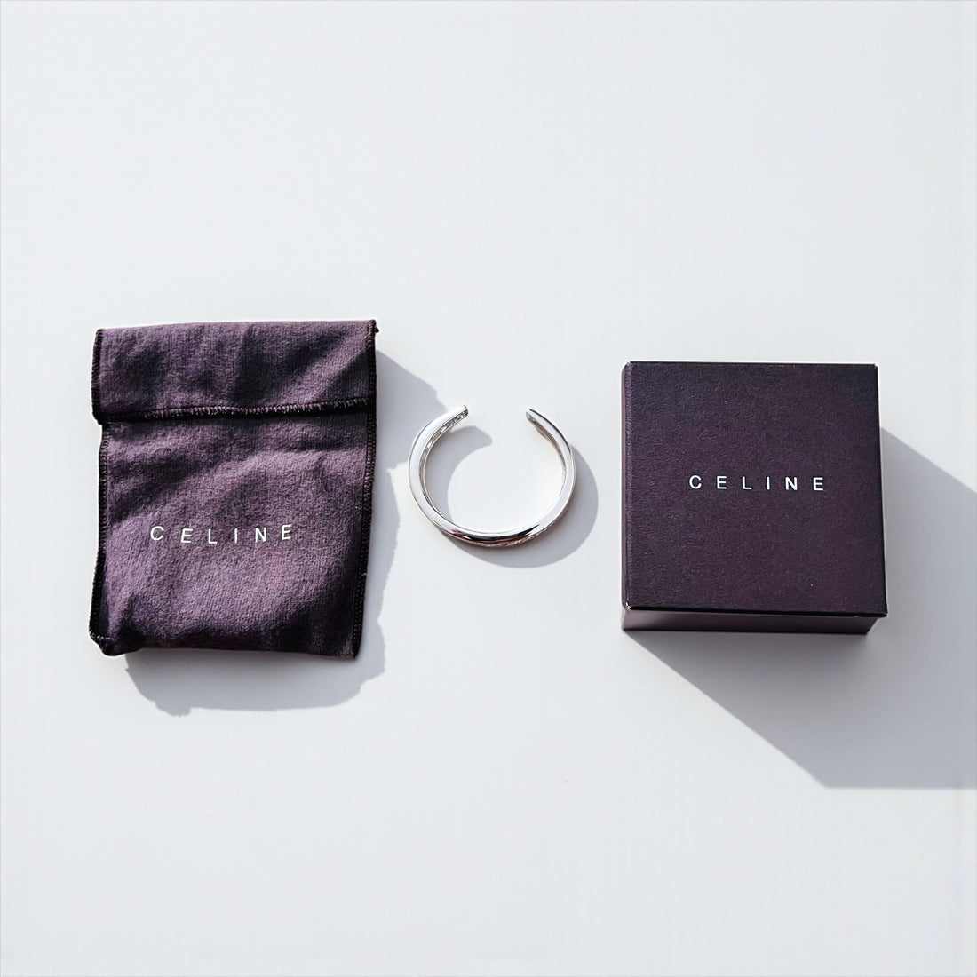 CELINE Bangle Cuff Bracelet Silver Metal Cutout Logo Openwork