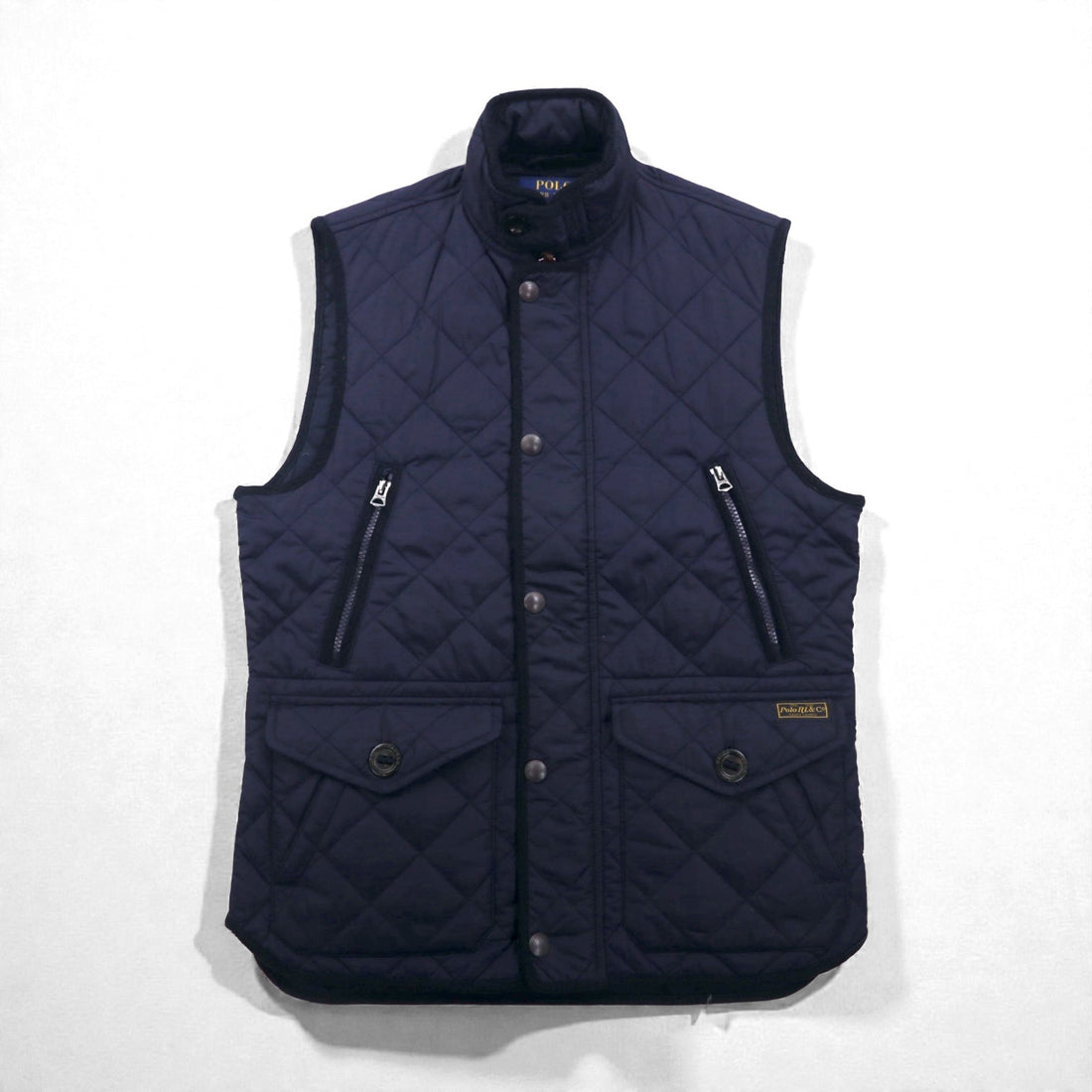 Polo Ralph Lauren Military Quilted Vest, Navy, Padded, Talon Zip, Chin Strap, Zip-Up Closure, Snap Buttons