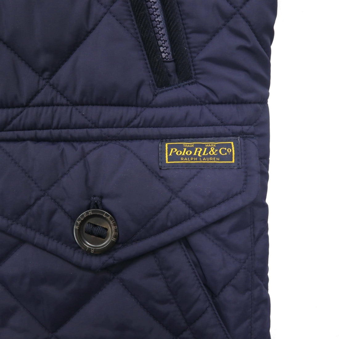 Polo Ralph Lauren Military Quilted Vest, Navy, Padded, Talon Zip, Chin Strap, Zip-Up Closure, Snap Buttons