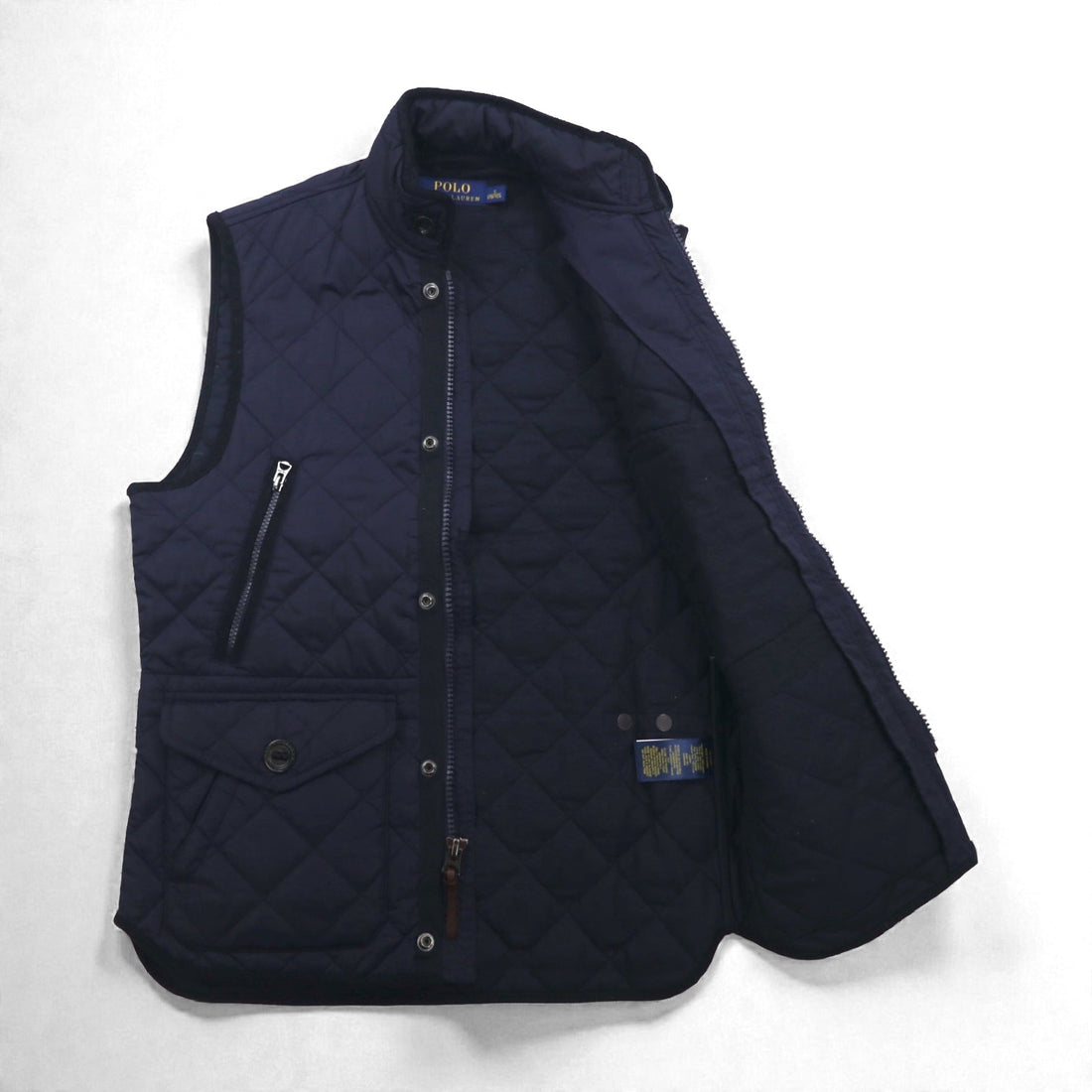Polo Ralph Lauren Military Quilted Vest, Navy, Padded, Talon Zip, Chin Strap, Zip-Up Closure, Snap Buttons