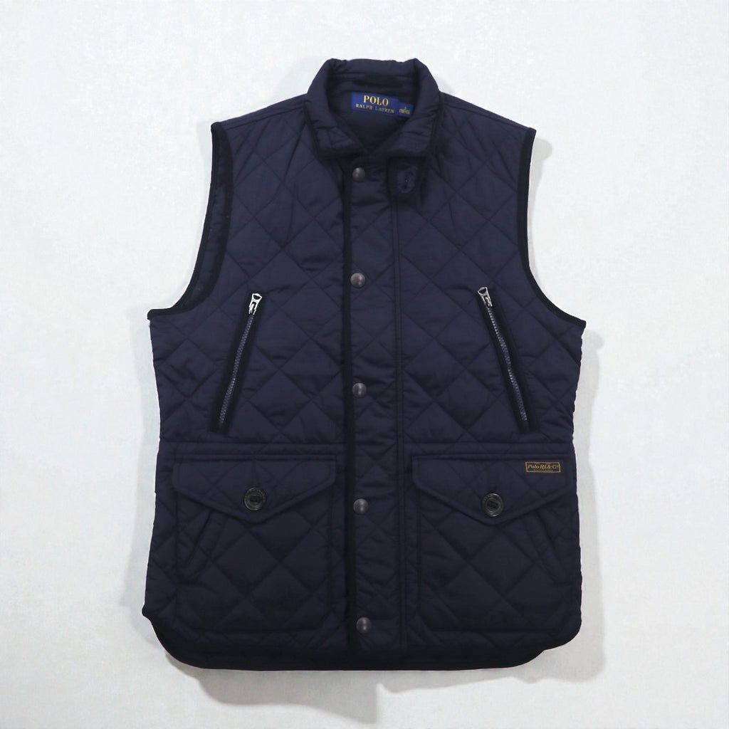 Polo Ralph Lauren Military Quilted Vest, Navy, Padded, Talon Zip, Chin Strap, Zip-Up Closure, Snap Buttons