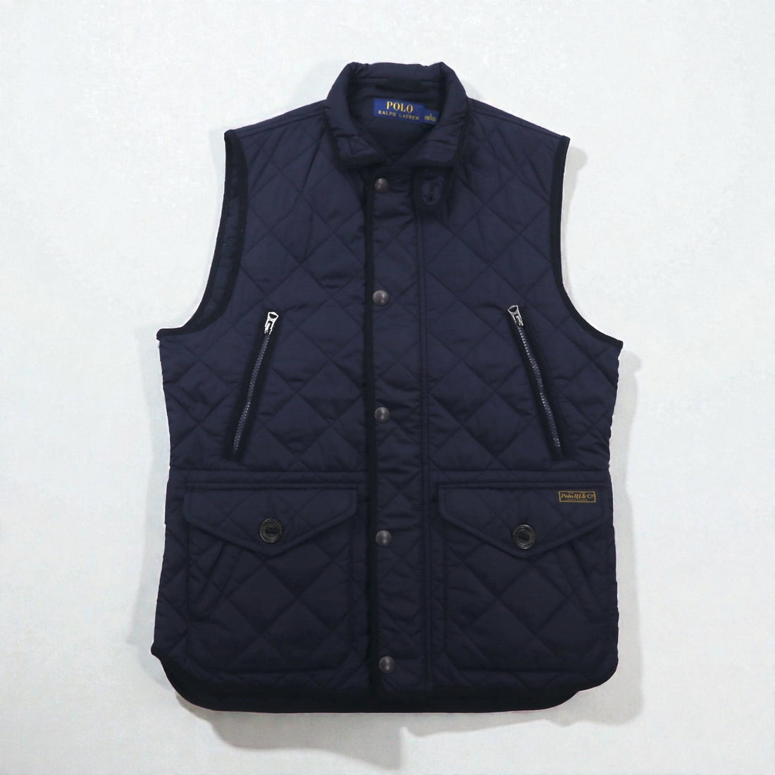 Polo Ralph Lauren Military Quilted Vest, Navy, Padded, Talon Zip, Chin Strap, Zip-Up Closure, Snap Buttons