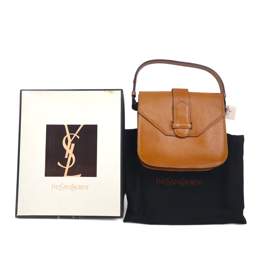 YVES SAINT LAURENT Vintage Belted Square Shoulder Bag Handbag Brown Leather