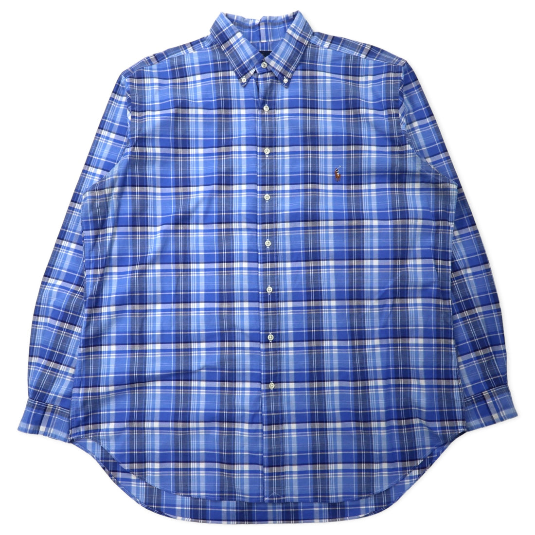 日本然リトテ-古着オンライン-RALPH LAUREN ボタンダウンシャツ XLT ブルー チェック コットン CLASSIC FIT スモールポニー刺繍 ビッグサイズ-Ralph Lauren Button-Down Shirts XLT Blue CHECKED Cotton Classic Fit Small Pony Embroidery Big Size