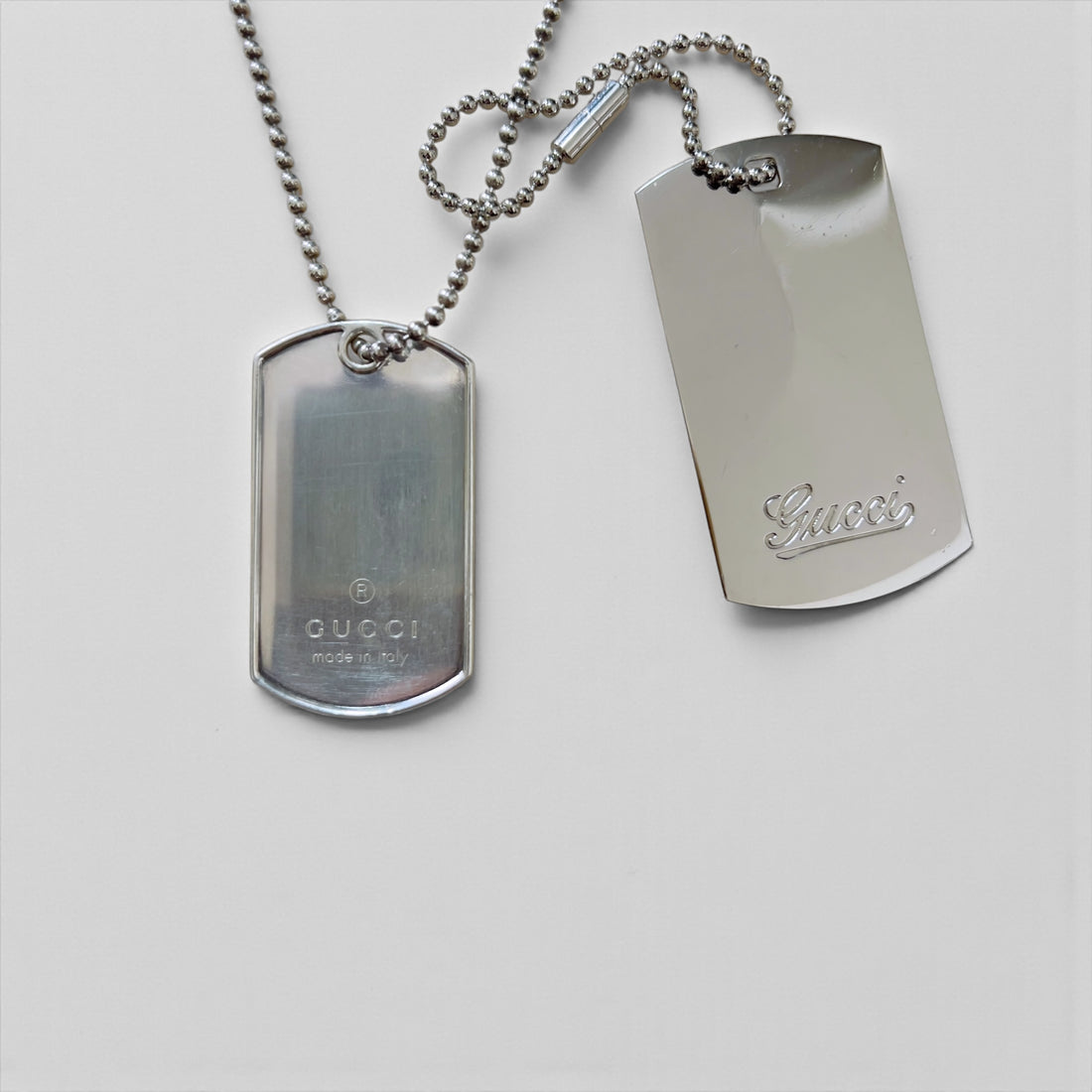 GUCCI Dog Tag Double Plate 2-Way Necklace Pendant Keychain Silver 925 Ball Chain Made in Italy