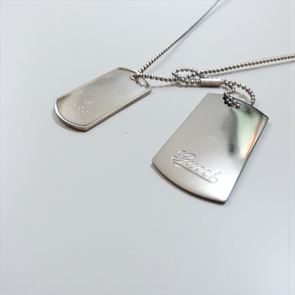 GUCCI Dog Tag Double Plate 2-Way Necklace Pendant Keychain Silver 925 Ball Chain Made in Italy