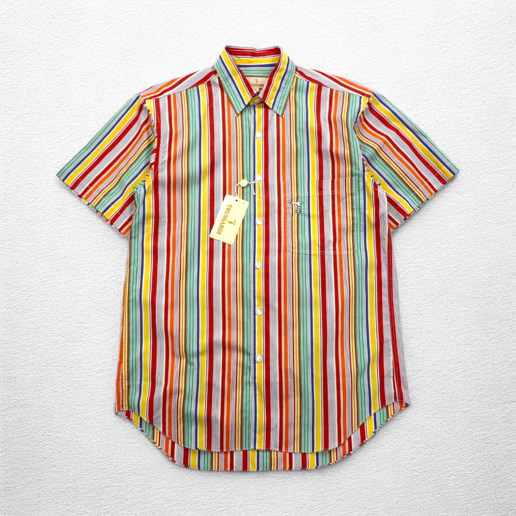 TRUSSARDI short sleeve multi-stripe shirt M size one point logo embroidery made in Japan unused