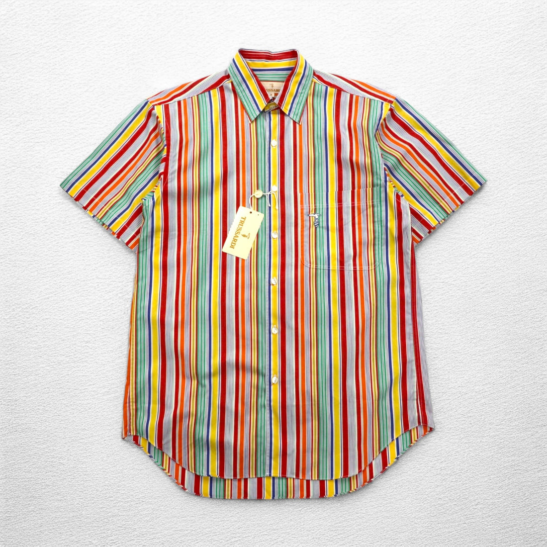 TRUSSARDI short sleeve multi-stripe shirt M size one point logo embroidery made in Japan unused