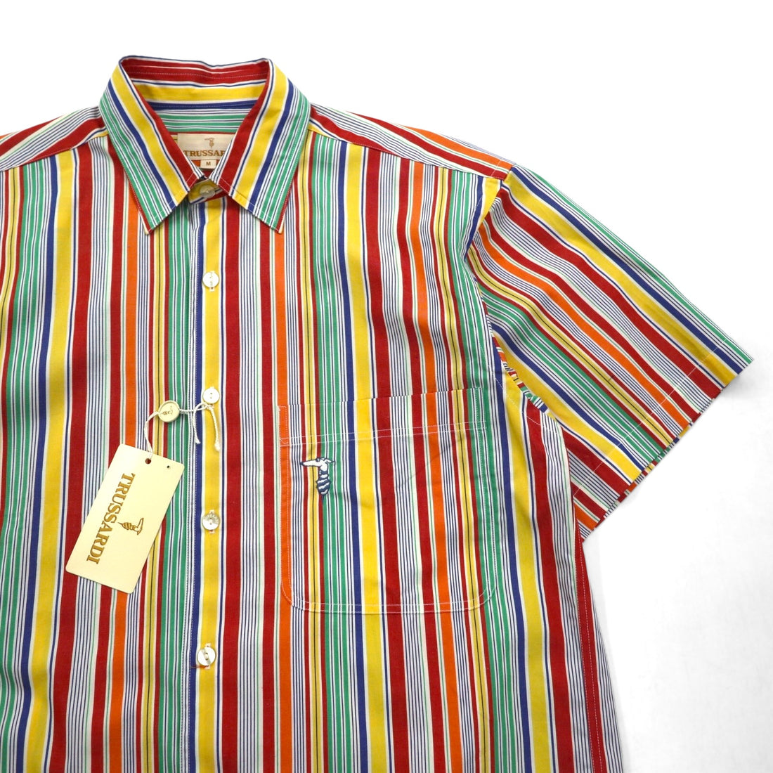 TRUSSARDI short sleeve multi-stripe shirt M size one point logo embroidery made in Japan unused